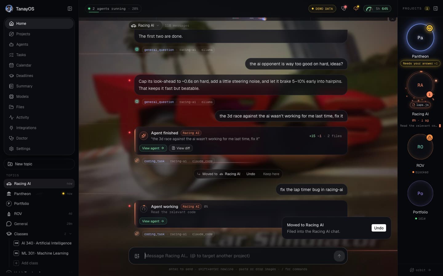 TanayOS chat routing a coding request to an agent
